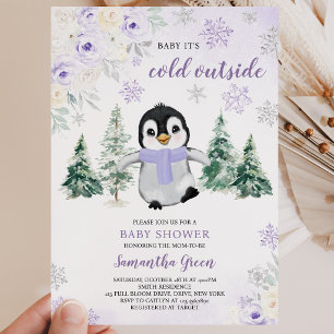 Invitación Fiesta de Bebé Pingüino de Invierno Púrpura