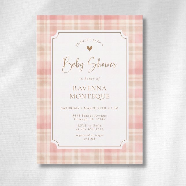 Invitación Fiesta de Bebé Plaid Marfil con Toques Rosados Cot (Subido por el creador)