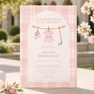 Invitación Fiesta de Bebé Plaid Rosa Little Birdie Golf