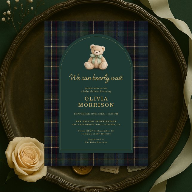 Invitación Fiesta de Bebé Plaid Verde Azul We Can Bearly Wait (Subido por el creador)