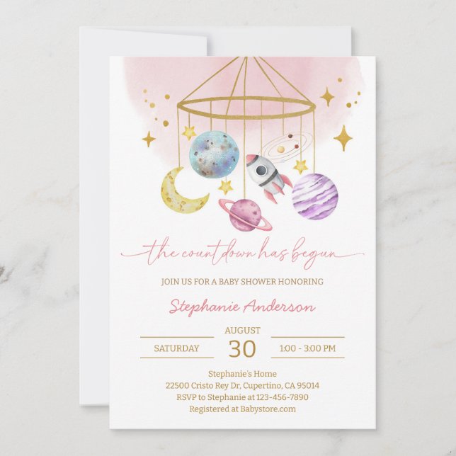 Invitación Fiesta de Bebé Planetas Espacio Rosa (Anverso)