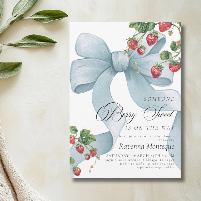 Invitación Fiesta de Bebé Preppy Berry Sweet Blue Bow Fresa (Subido por el creador)