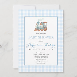 Invitación Fiesta de bebé Preppy Blue Gingham Choo Choo Train