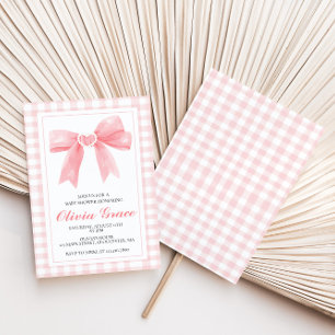Invitación Fiesta de bebé preppy con lazo rosa y cuadros esco