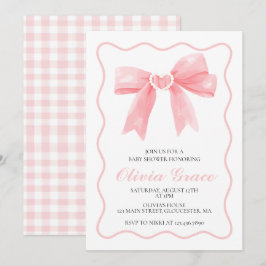 Invitación Fiesta de bebé preppy con lazo rosa y cuadros esco
