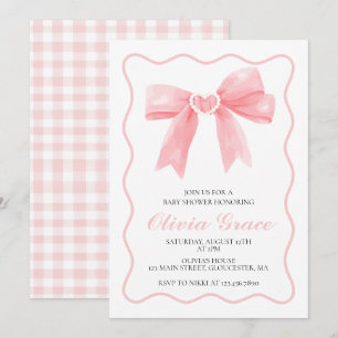 Invitación Fiesta de bebé preppy con lazo rosa y cuadros esco