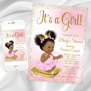 Invitación Fiesta de bebé princesa afroamericana de oro rosa