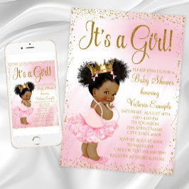 Invitación Fiesta de bebé princesa afroamericana de oro rosa