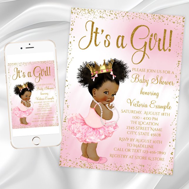 Invitación Fiesta de bebé princesa afroamericana de oro rosa (Pink Gold African American Princess Baby Shower Invitation with cute baby girl with afro hair.)