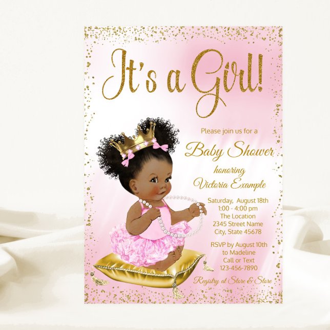 Invitación Fiesta de bebé princesa afroamericana de oro rosa (Adorable pink and gold princess baby shower invitation. Simply add your event details.)
