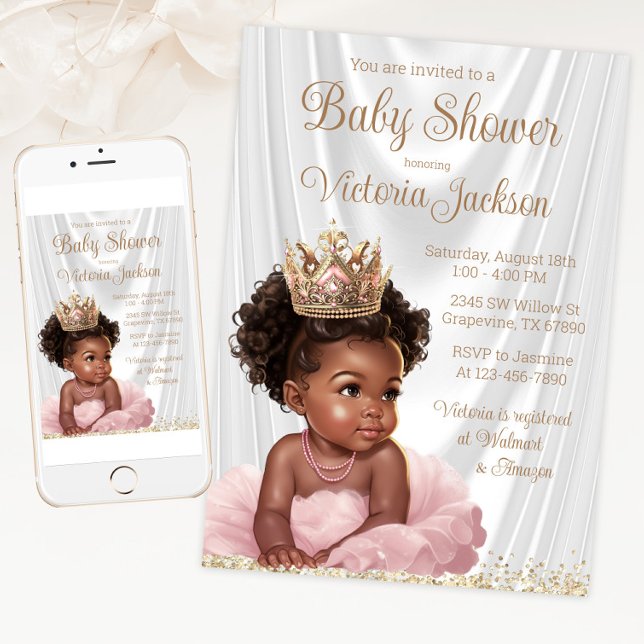 Invitación Fiesta de bebé princesa afroamericana rosa dorado (Blush pink gold princess baby shower invitation. Available for instant download and print.)