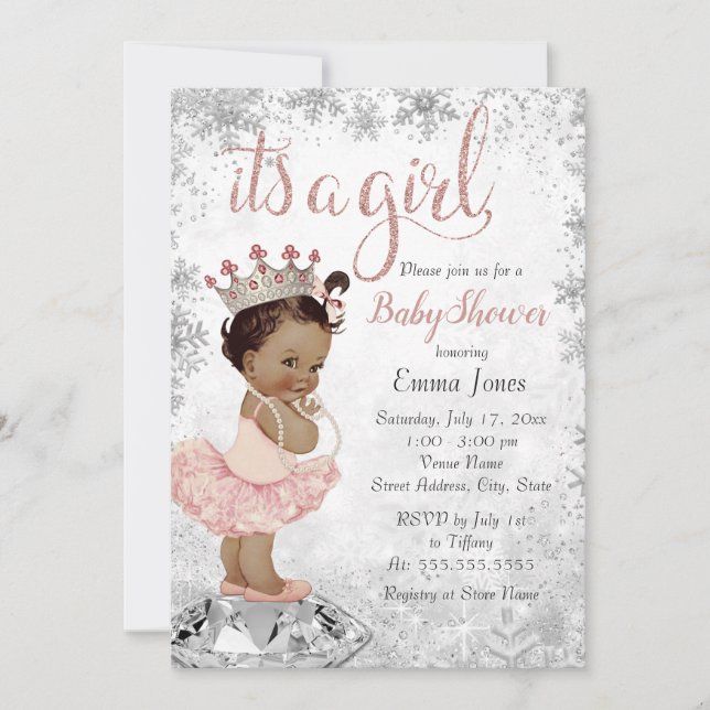 Invitación Fiesta de bebé princesa afroamericana rosa platead (Anverso)