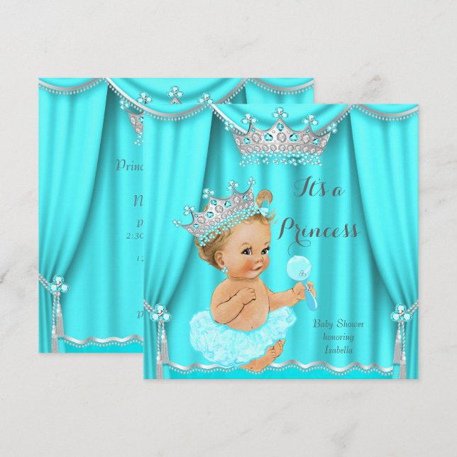 Invitación Fiesta de Bebé Princesa Aqua Verde Teal Plata Rubi (Anverso / Reverso)
