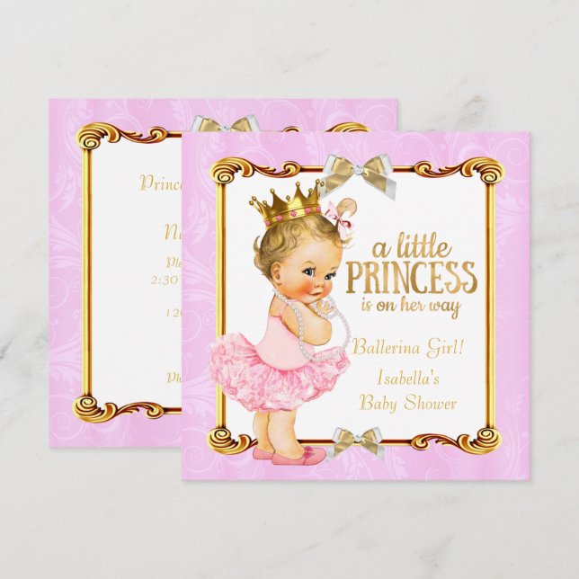 Invitación Fiesta de Bebé Princesa Bailarina Rosa Dorado Rubi (Anverso / Reverso)