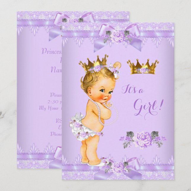 Invitación Fiesta de Bebé Princesa Bebé Rosa Púrpura Encaje R (Anverso / Reverso)