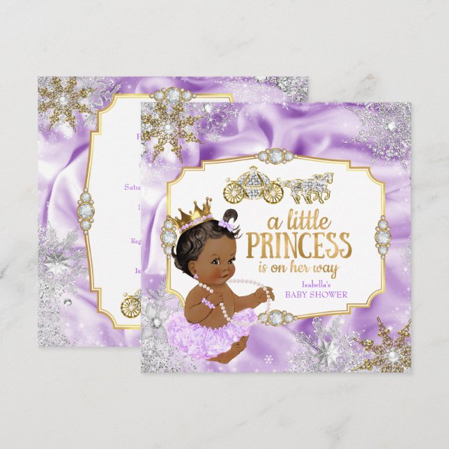 Invitación Fiesta de Bebé Princesa Carruaje Morado Étnico (Anverso / Reverso)