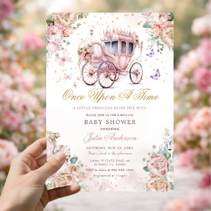 Invitación Fiesta de Bebé Princesa Carruaje Rosado Floral