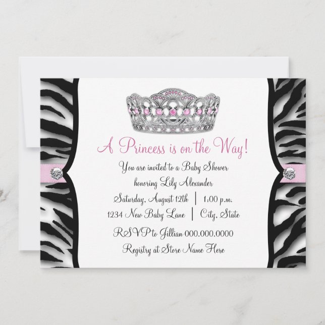 Invitación Fiesta de Bebé Princesa Cebra Rosa Negra (Anverso)