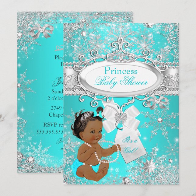 Invitación Fiesta de Bebé Princesa Copos de Nieve Aqua Étnico (Anverso / Reverso)