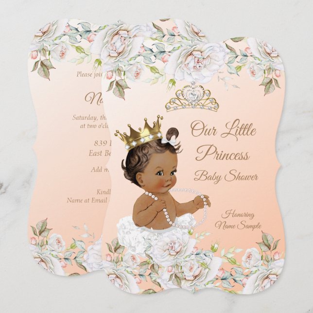Invitación Fiesta de Bebé Princesa Coral Melocotón Blanco Étn (Anverso / Reverso)