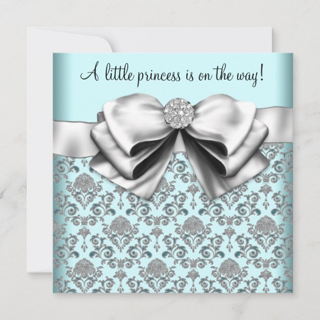 Invitación Fiesta de bebé Princesa Damasco Azul Turquesa Negr (Anverso)