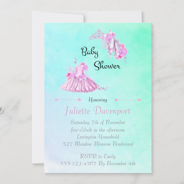 Invitación Fiesta de Bebé Princesa de Ballet con Acuarela Ros (Anverso)