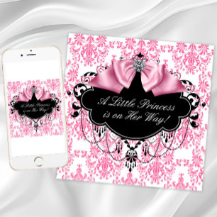 Invitación Fiesta de Bebé Princesa de Damasco Rosa y Negro