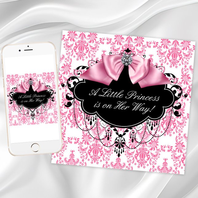 Invitación Fiesta de Bebé Princesa de Damasco Rosa y Negro (Pink and black baby shower invitations. Add your own text. Instant download and printed available.)