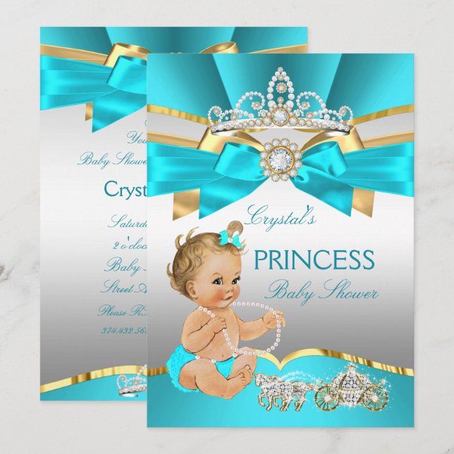 Invitación Fiesta de Bebé Princesa Dorada Azul Turquesa Rubia (Anverso / Reverso)