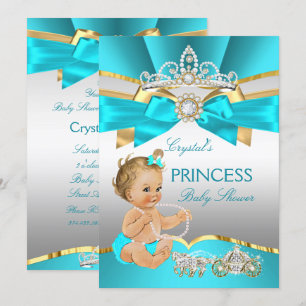 Invitación Fiesta de Bebé Princesa Dorada Azul Turquesa Rubia