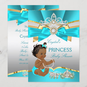 Invitación Fiesta de Bebé Princesa Etnica Azul Teal Dorado