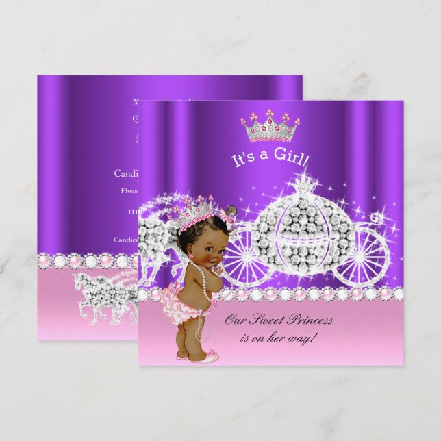 Invitación Fiesta de Bebé Princesa Étnica Cochecito Rosa Púrp (Anverso / Reverso)