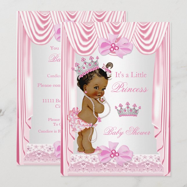 Invitación Fiesta de Bebé Princesa Étnica Niña Seda Rosa (Anverso / Reverso)