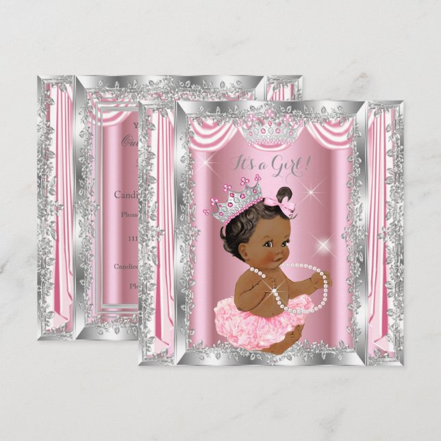 Invitación Fiesta de Bebé Princesa Étnica Rosa Bailarina de P (Anverso / Reverso)