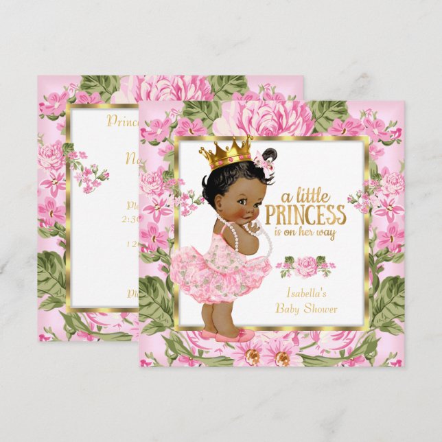 Invitación Fiesta de Bebé Princesa Étnica Rosa Floral Dorada (Anverso / Reverso)