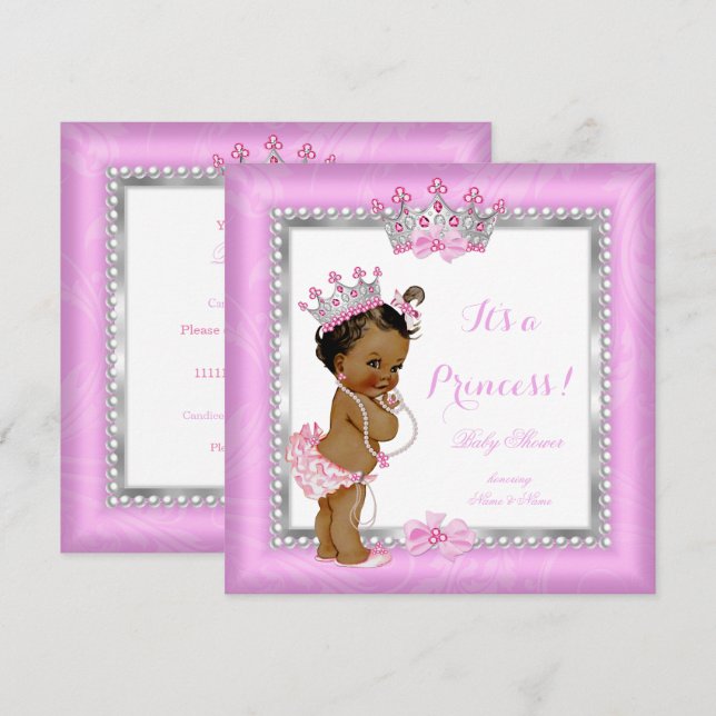 Invitación Fiesta de Bebé Princesa Étnica Rosa Perla Plateada (Anverso / Reverso)