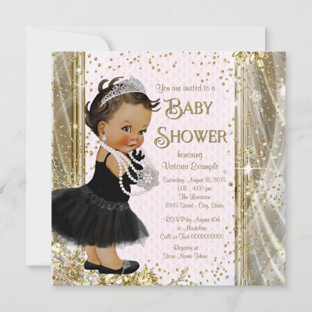 Invitación Fiesta de Bebé Princesa Étnica Rosa y Dorado (Anverso)