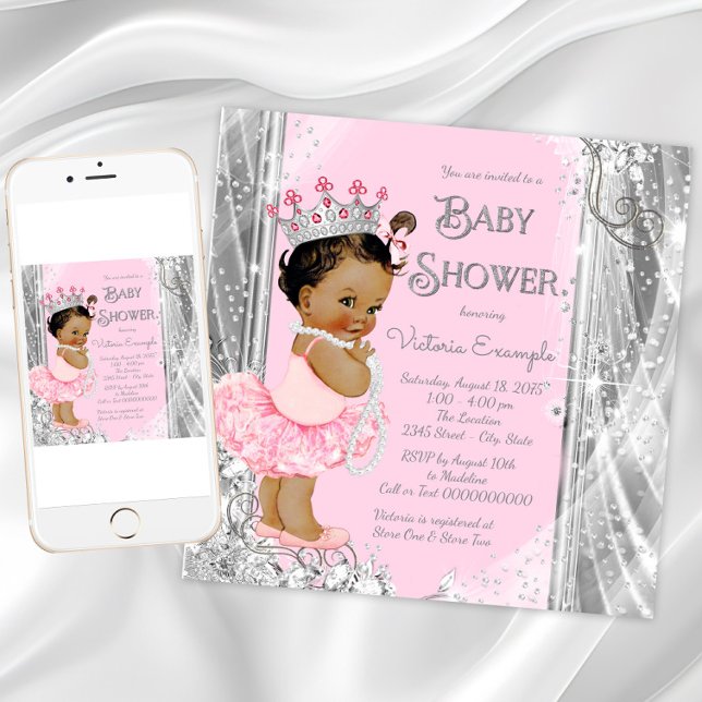 Invitación Fiesta de Bebé Princesa Étnica Tutú Rosa Plata (Pink silver princess baby shower invitation. Instant download and printed invitations available.)