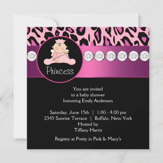 Invitación Fiesta de Bebé Princesa Leopardo Rosa Brillante (Anverso)