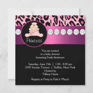 Invitación Fiesta de Bebé Princesa Leopardo Rosa Brillante
