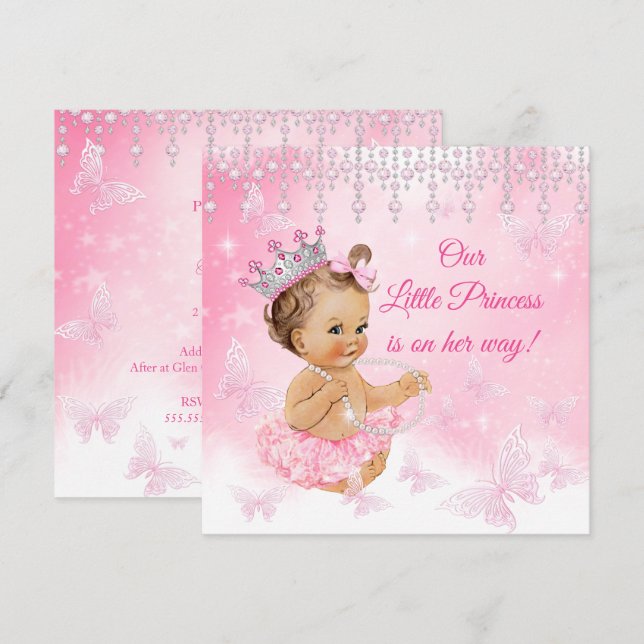Invitación Fiesta de bebé princesa mariposa rosa morena (Anverso / Reverso)