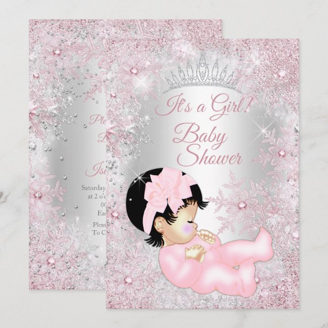 Invitación Fiesta de Bebé Princesa Niña Pink Winter Wonderlan (Anverso / Reverso)
