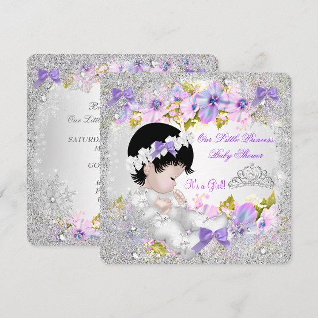 Invitación Fiesta de Bebé Princesa Niña Rosa Púrpura Copo de  (Anverso / Reverso)