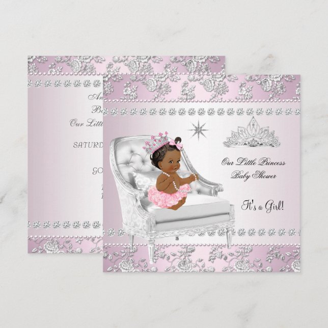 Invitación Fiesta de Bebé Princesa Niña Rosa Silla Plateada é (Anverso / Reverso)