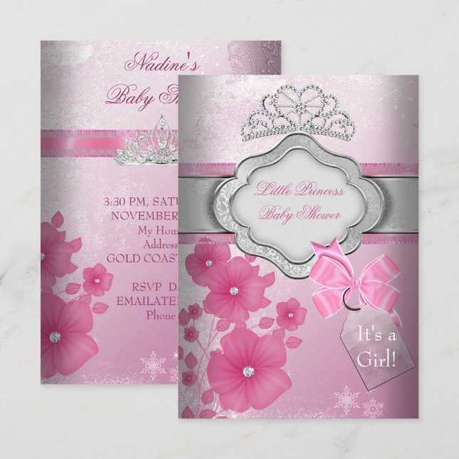 Invitación Fiesta de Bebé Princesa Niña Tiara Princesa Rosa (Anverso / Reverso)