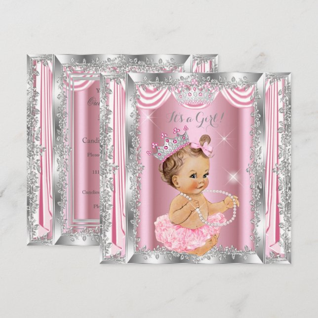Invitación Fiesta de Bebé Princesa Rosa Bailarina de Plata Lu (Anverso / Reverso)