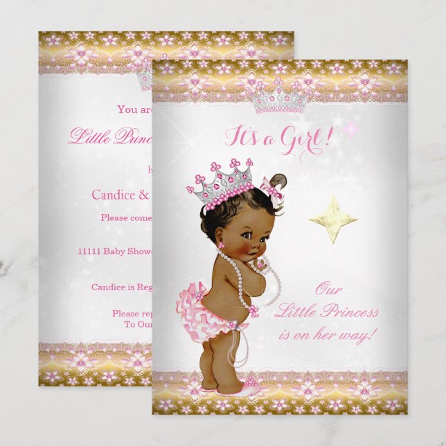 Invitación Fiesta de Bebé Princesa Rosa Blanco Dorado Tiara É (Anverso / Reverso)