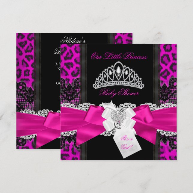 Invitación Fiesta de Bebé Princesa Rosa Caliente Niña Leopard (Anverso / Reverso)