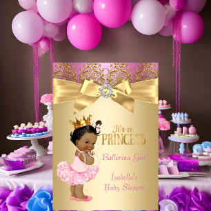 Invitación Fiesta de Bebé Princesa Rosa Dorado Bailarina Étni