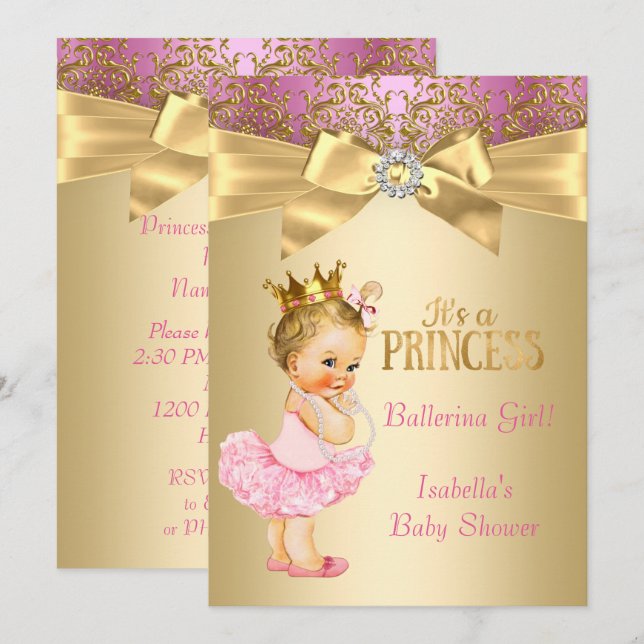 Invitación Fiesta de Bebé Princesa Rosa Dorado Bailarina Rubi (Anverso / Reverso)